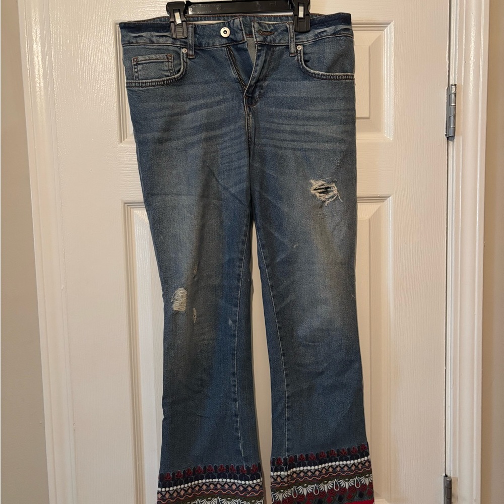 Pilcro and the Letterpress Blue Distressed Flare Jeans